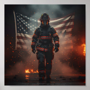 Affiche Pompier Héroïque avec Drapeau Américain Patriotiqu
