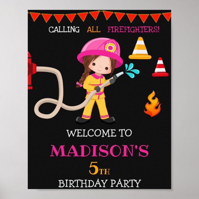Affiche Pompier signe de fête d'accueil Fille Pompier (Devant)
