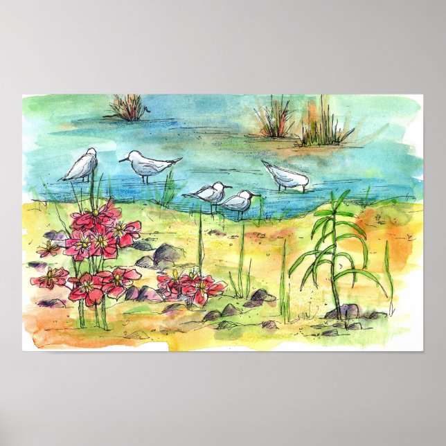 Affiche Pond Birds Aquarelle Peinture Nature Art (Devant)