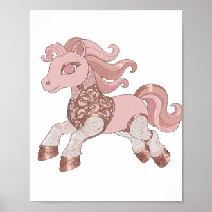 Affiche Poney argenté tendance rose et or rose