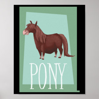 Affiche Poney Shetland Brun Fantaisiste Sur Fond Vert Rétr