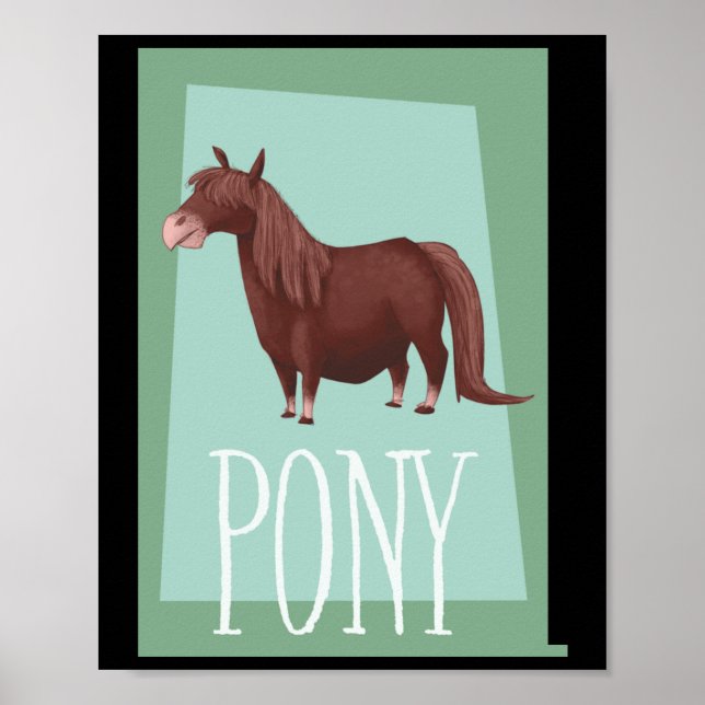 Affiche Poney Shetland Brun Fantaisiste Sur Fond Vert Rétr (Devant)