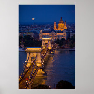 Affiche Pont à chaîne et Pleine lune à la nuit