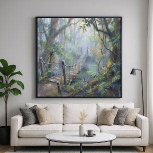 Affiche Pont de la jungle brumeuse - Style de peinture pas