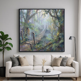 Affiche Pont de la jungle brumeuse - Style de peinture pas