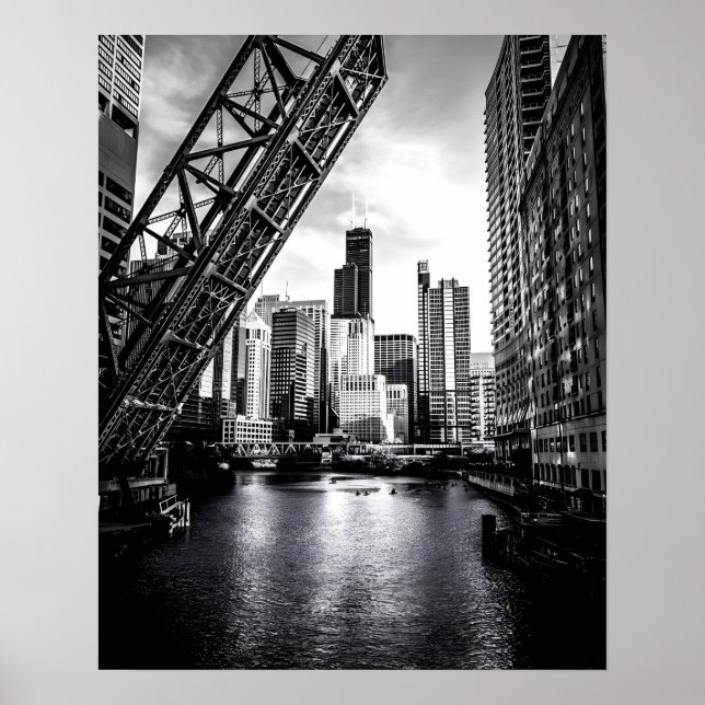 Affiche Pont de la rue Kinzie de Chicago noir et blanc (Devant)
