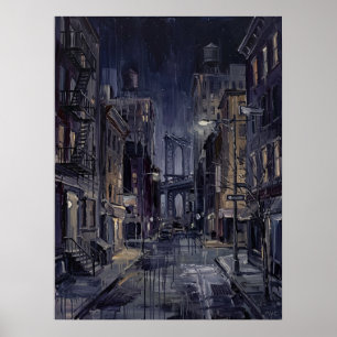 Affiche Pont de Manhattan la nuit avec rue mouillée