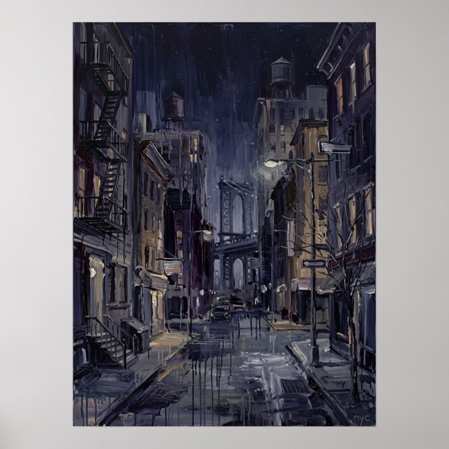 Affiche Pont de Manhattan la nuit avec rue mouillée (Devant)