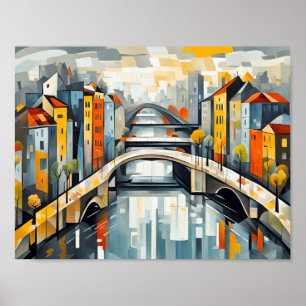 Affiche Pont De Neige Cubiste Au-Dessus De La Ville Reflét