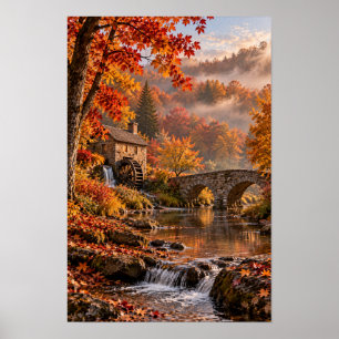 Affiche Pont de pierre du moulin à eau d'automne décoratio