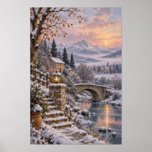 Affiche Pont de pierre enneigé et coucher de soleil sur un