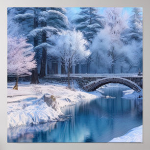 Affiche Pont en pierre de neige, paysage hivernal serein