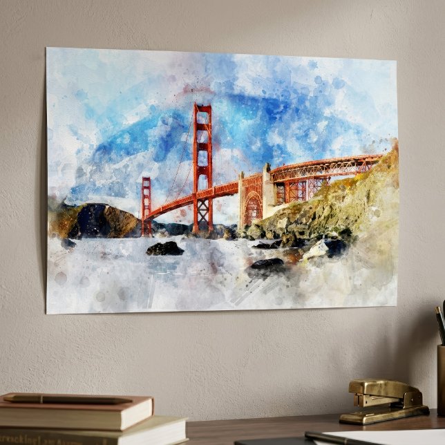 Affiche Pont Golden Gate aquarelle à San Francisco (Golden Gate Bridge watercolor in San Francisco. Poster)