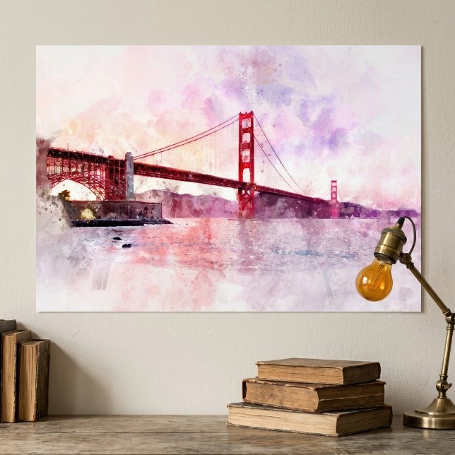 Affiche Pont Golden Gate aquarelle au coucher du soleil (Golden Gate Bridge Watercolor at Sunset. Poster)