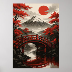 Affiche Pont Rouge et Mont Fuji Paysage japonais