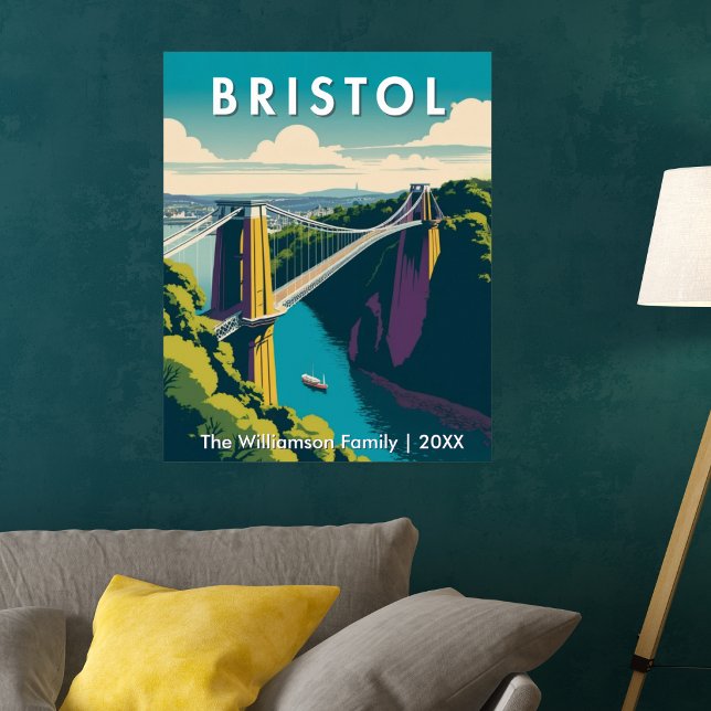 Affiche Pont suspendu de Clifton à Bristol au Royaume-Uni  (A picture poster of the Clifton Suspension Bridge in Bristol, England, in a nostalgic retro style)