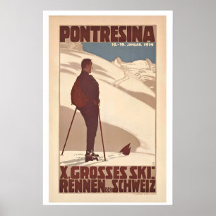 Affiche Pontresina 1914 Grandes Courses de Ski Suisse Vint