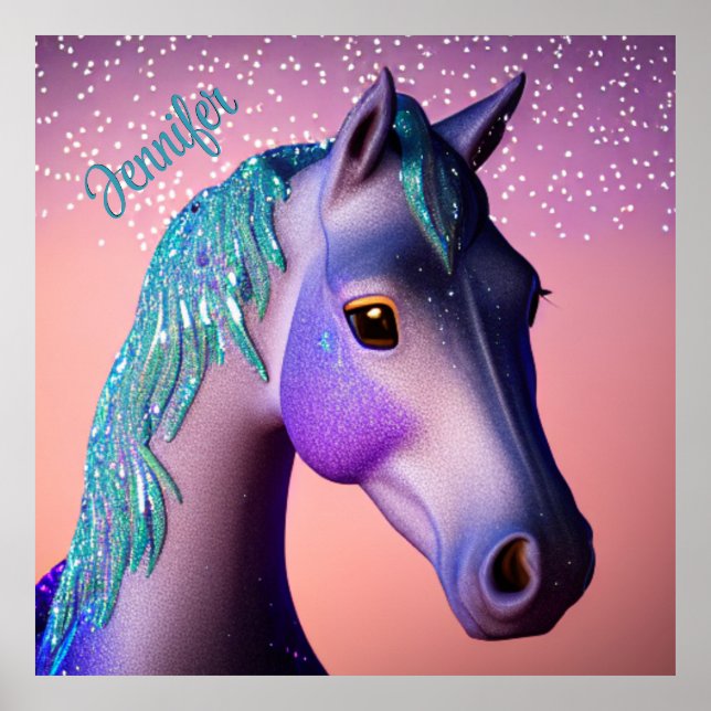 Affiche Pony magique en violet et Turquoise avec nom perso (Devant)