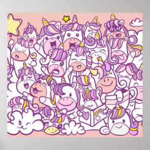 Affiche Pony Unicorn mignon : Collection de Doodles magiqu