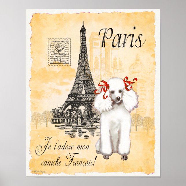 Affiche Poodle blanc Paris Tour Eiffel Imprimer Vintage (Devant)