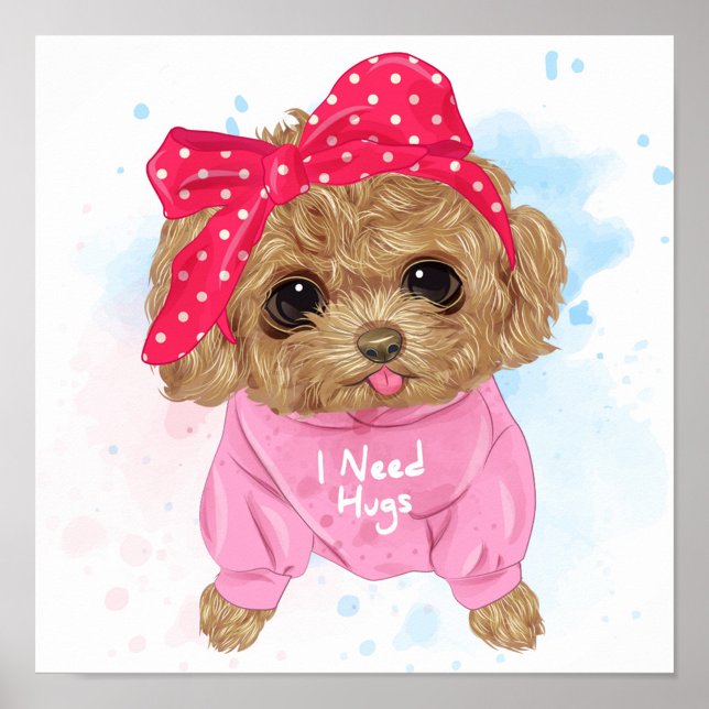 Affiche Poodle mignon (A cartoon-style illustration features a cute, brown, fluffy puppy wearing a pink polka-dotted.)