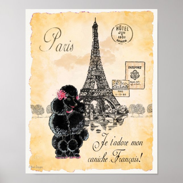 Affiche Poodle noir Tour Eiffel Paris Art Imprimer (Devant)