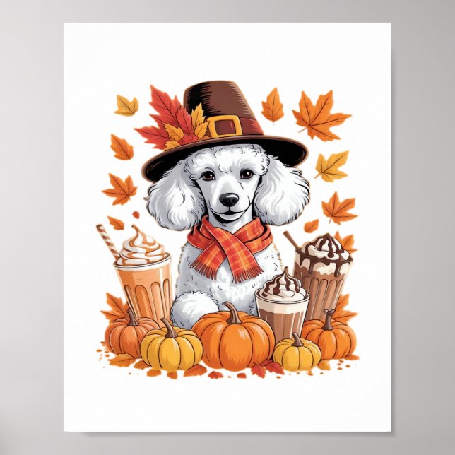 Affiche Poodle Thanksgiving Boissons Café Automne Feuilles (Devant)