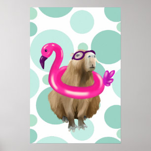 Affiche Pool Party Cute Capybara Avec Flotte Flamant rose