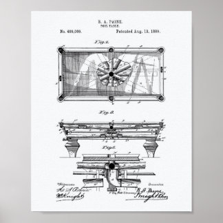 Affiche Pool Table 1889 Patent Art White Paper