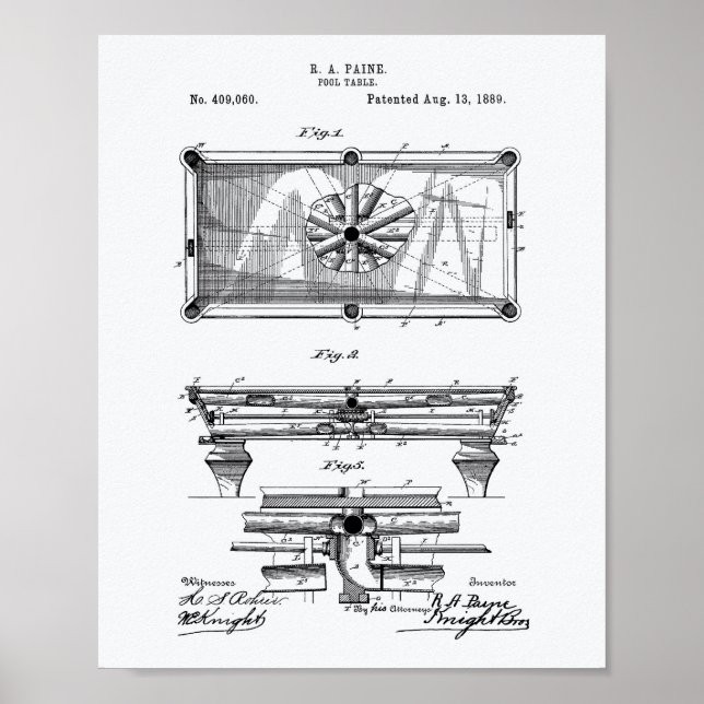 Affiche Pool Table 1889 Patent Art White Paper (Devant)
