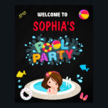 Affiche Pool welcome party sign Girl waterslide pool party<br><div class="desc">Pool welcome party sign Girl waterslide pool party sign. Pool welcome sign is perfect to welcome your guests at your pool party for girls and boys kids! Cute party sign for children featuring Pool party splash art, brunette girl and some pool party equipment. It's perfect for any water fun such...</div>