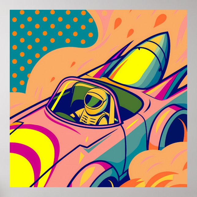 Affiche Pop Art Astronaut Driving Rocket Car (Devant)