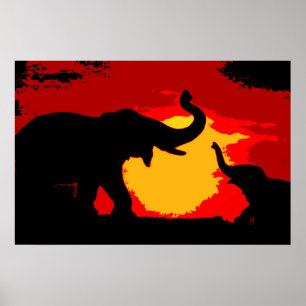 Affiche Pop Art Baby & Maman Elephants au coucher du solei
