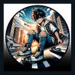 Affiche Pop Art Boy sur Skateboard en ville<br><div class="desc">Un garçon de dessin animé sur son skateboard dans une rue de la ville avec des jeans arrachés et une bande dessinée d'arrière - plan urbain.</div>
