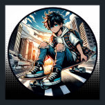 Affiche Pop Art Boy sur Skateboard en ville<br><div class="desc">Un garçon de dessin animé sur son skateboard dans une rue de la ville avec des jeans arrachés et une bande dessinée d'arrière - plan urbain.</div>