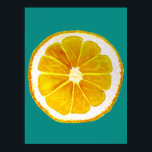 Affiche Pop art citron tranche de fruits d'origine aquarel<br><div class="desc">Une jolie tranche colorée de fruits de citron jaune provenant d'un tableau original de l'artiste Sacha Grossel. Ce grand fruit de style pop art est jaune et très lumineux et coloré contre un arrière - plan de couleur turquoise bleue personnalisable. Excentrique et original.</div>