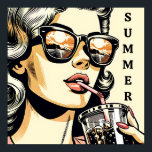 Affiche Pop Art Comic Livre Jolie Femme Boire Soda<br><div class="desc">Jolie bande dessinée pop art rétro jolie dame buvant soda avec lunettes de soleil sur avec une réflexion coucher de soleil.</div>