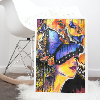 Affiche Pop Art Femme Bleu Papillon Portrait