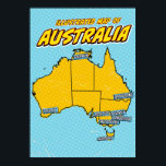Affiche Pop Art Illustré Australie<br><div class="desc">Cette carte illustrée de l'Australie est rendue dans un style pop art dynamique. La carte est dessinée en noir et remplie d'une couleur jaune vif,  placée contre un arrière - plan bleu avec un motif pointillé. Les principales villes d'Australie sont étiquetées en boîtes bleues</div>