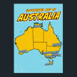 Affiche Pop Art Illustré Australie<br><div class="desc">Cette carte illustrée de l'Australie est rendue dans un style pop art dynamique. La carte est dessinée en noir et remplie d'une couleur jaune vif,  placée contre un arrière - plan bleu avec un motif pointillé. Les principales villes d'Australie sont étiquetées en boîtes bleues</div>
