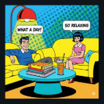 Affiche Pop Art Lounge<br><div class="desc">Graphique de qualité d'une scène lounge dans un style pop art. Le salon est aménagé d'un mobilier rond et moelleux aux couleurs primaires et de deux figurines installées sur un grand canapé jaune surmonté de bulles d'élocution.</div>