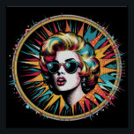Affiche Pop Art Marilyn Glossy<br><div class="desc">Un design pop art très animé présente une femme de style rétro portant des lunettes de soleil,  entourée d'une foule de lignes colorées de style comique. L'utilisation audacieuse du cyan,  du magenta et du jaune crée une composition dynamique et énergique.</div>