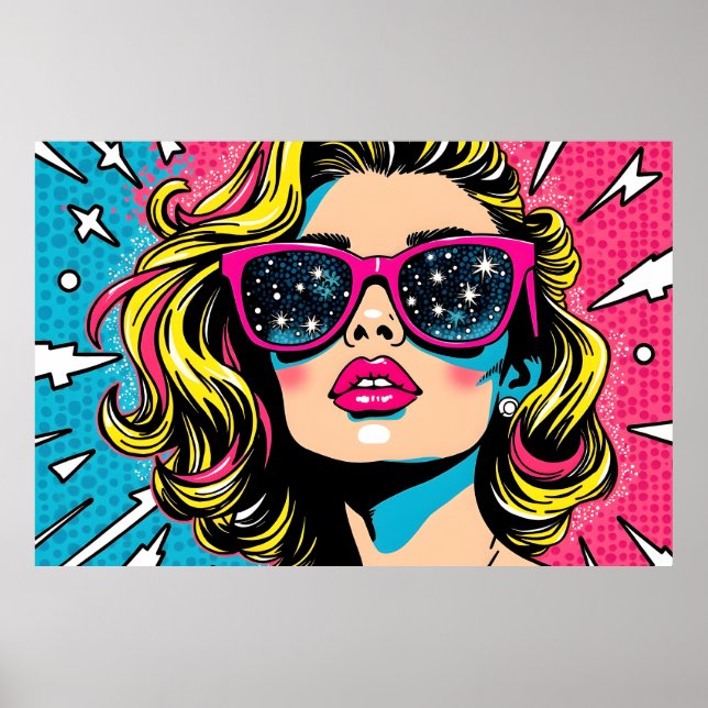 Affiche Pop Art rose et bleu électrique - 80s rétro (Devant)