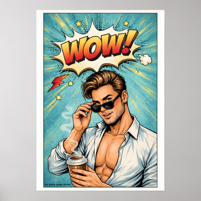 Affiche Pop Art « WOW ! » – Homme attrayant Comic  (Devant)