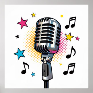 Affiche Pop microphone with colorful stars and music notes