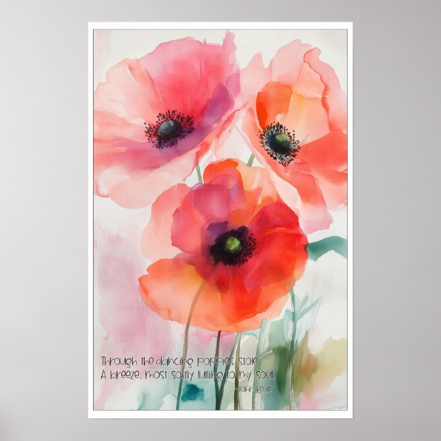 Affiche Poppies d'aquarelle rouge avec citation Keats (Devant)
