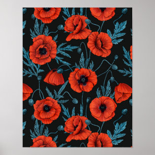 Affiche Poppies, rouge et bleu sur noir