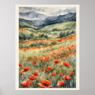 Affiche Poppies Sur Le Terrain La Scène Naturelle Aquarell