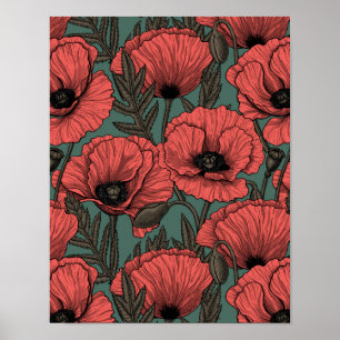 Affiche Poppy garden in coral, brown and pine green