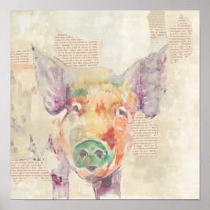 Affiche Porc de collage de ferme d'aquarelle